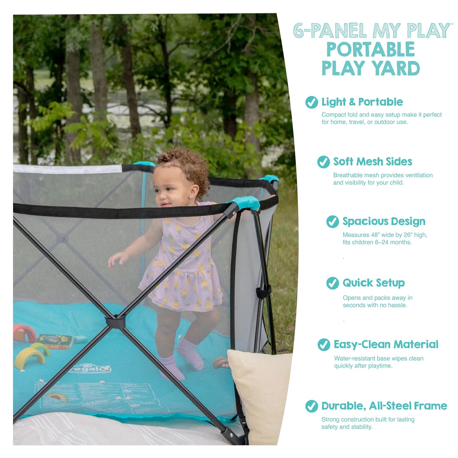 Safety My Play Portable Baby Playpen & Play Yard, Foldable 6-Panel Indoor Outdoor Playpen for Babies & Toddlers, Mesh