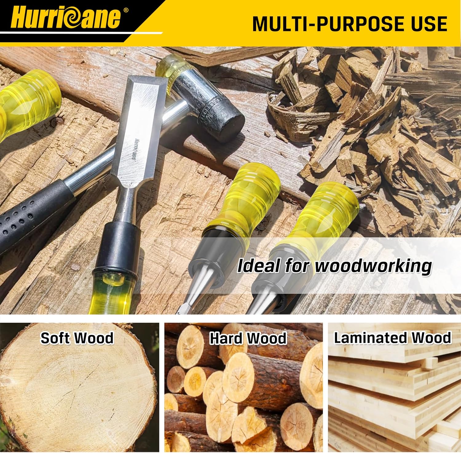 4 Piece Wood Chisel Set for Woodworking. CR-V Steel Beveled Edge Blades with Safety Caps. Durable PVC High Impact