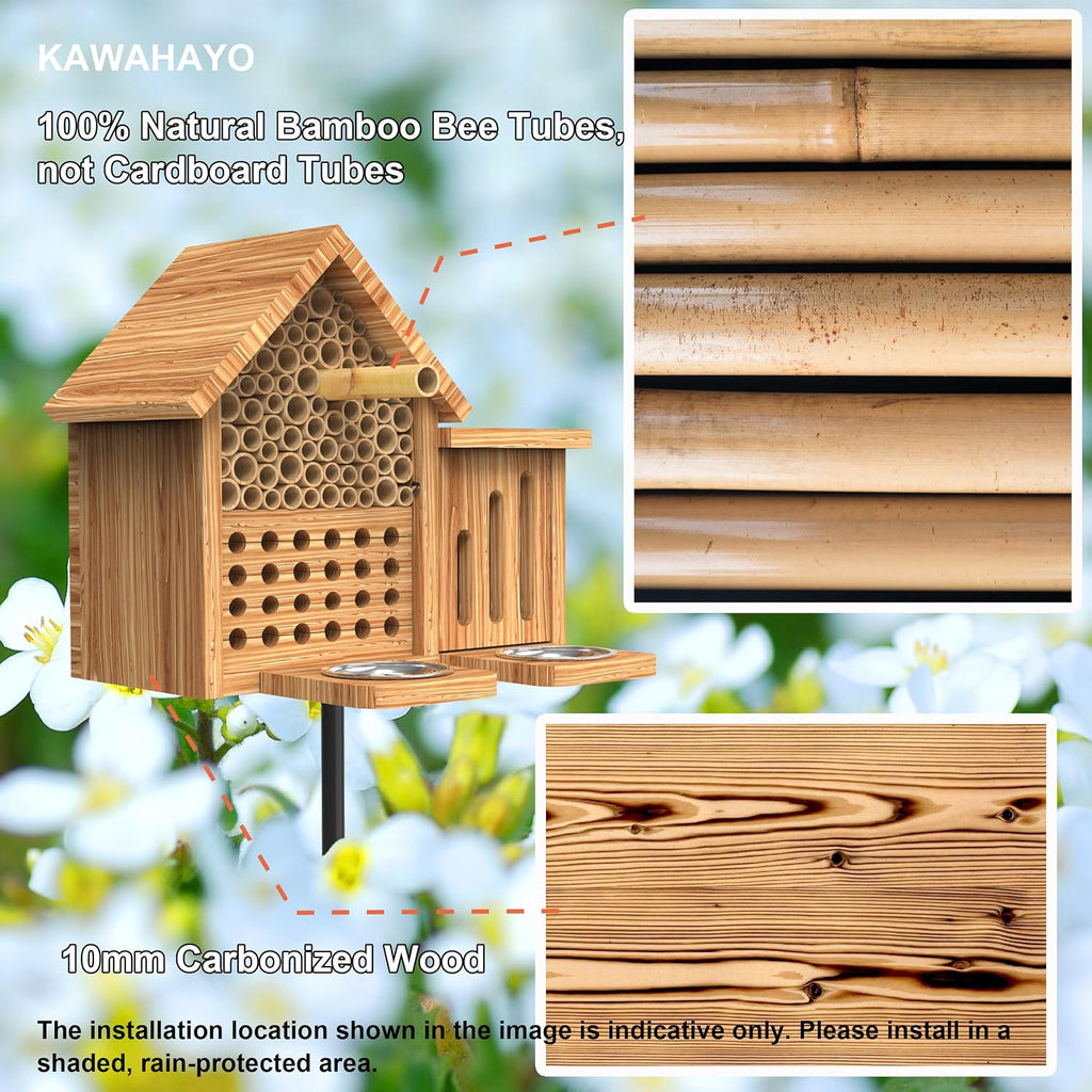 Mason Bee House Wooden Butterfly House with Feeders and Metal Stake, Insect Hotel for Garden Backyard, Natural