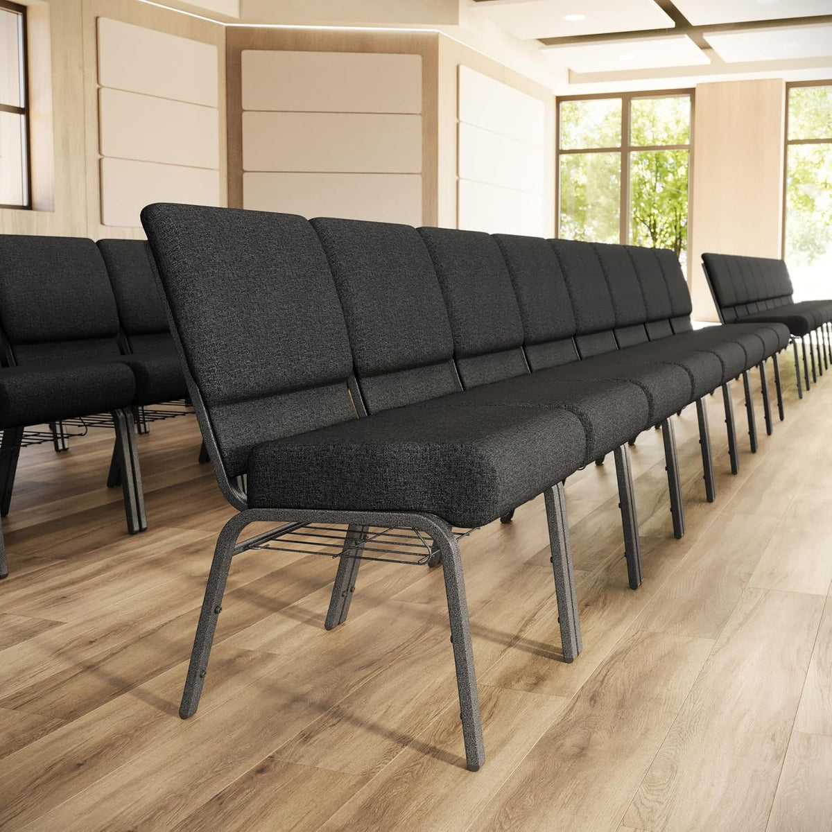 HERCULES Series 21''W Church Chair in Dark Gray Fabric with Book Rack - Silver Vein Frame