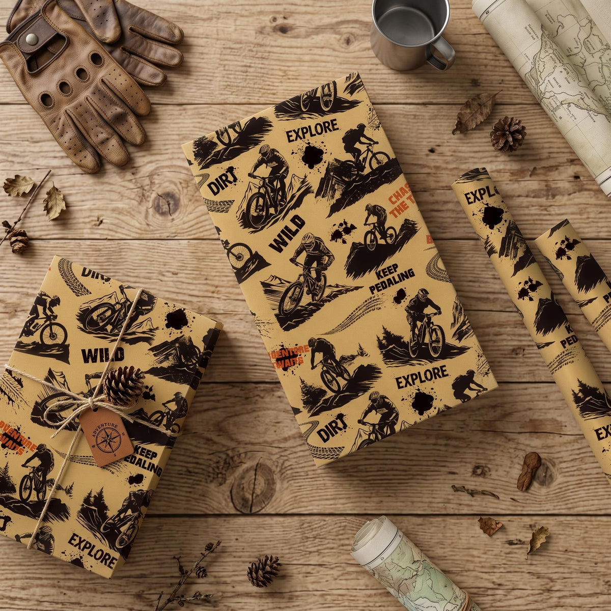 Mountain Bike Kraft Wrapping Paper Roll, Dirt Bike Life Gift Wrap for Cycling Lover, Birthday, Outdoor Party, 17 Inch