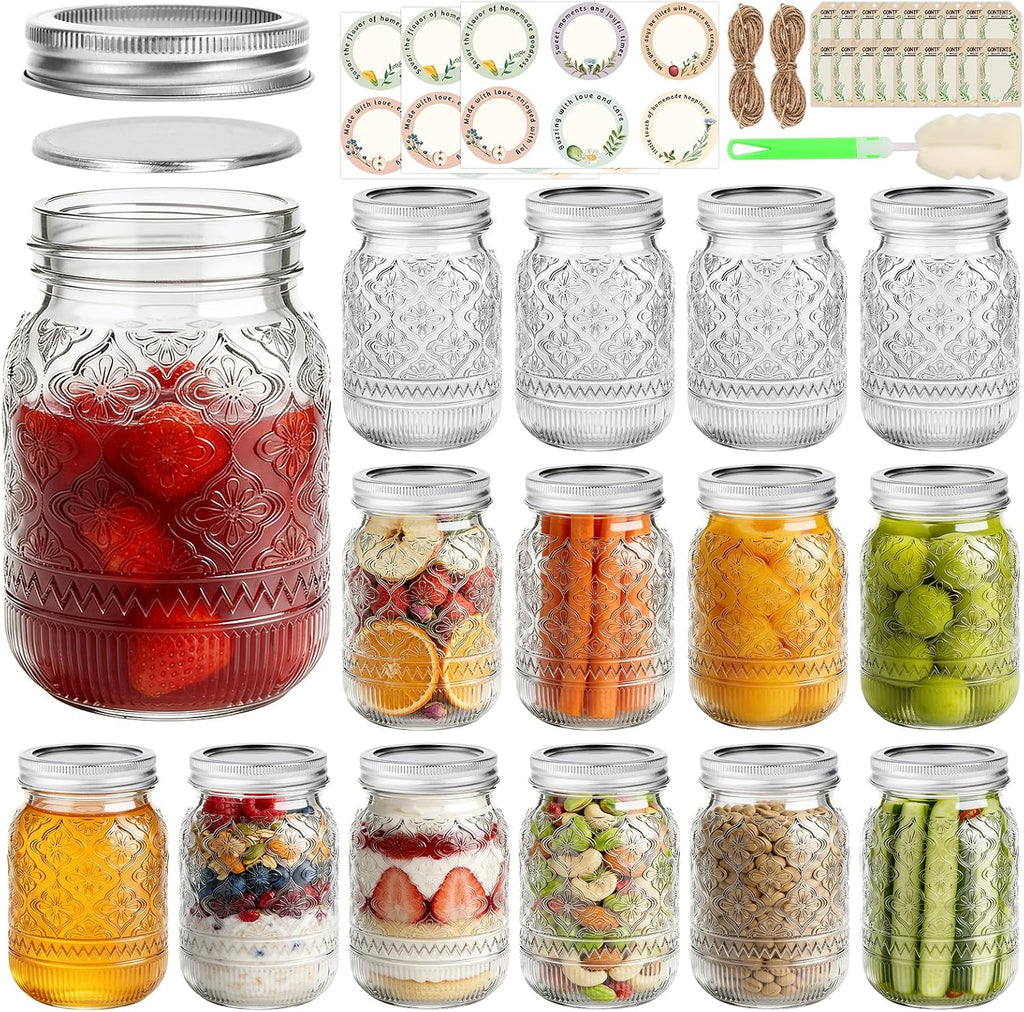 16oz Embossed Mason Jars 15-Pack with Airtight Lids and Bands