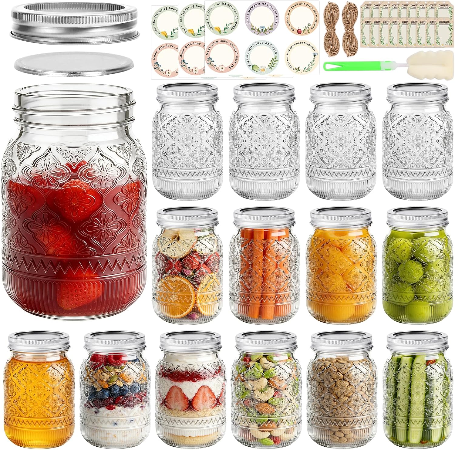16oz Embossed Mason Jars 15-Pack with Airtight Lids and Bands