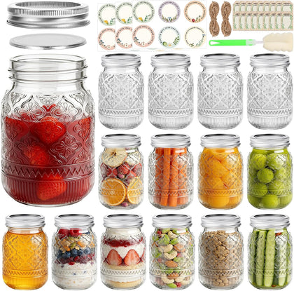 16oz Embossed Mason Jars 15-Pack with Airtight Lids and Bands