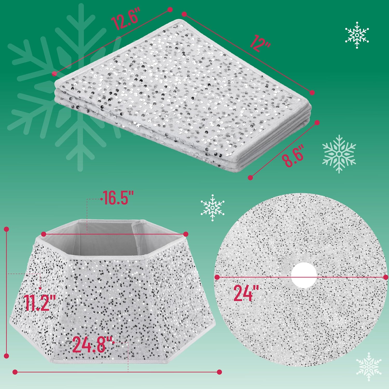 Silver Sequin Christmas Tree Skirt and Tree Collar | 24 Inch Base Cover, 24.8 Inch Foldable Sparkling Sequin Trees