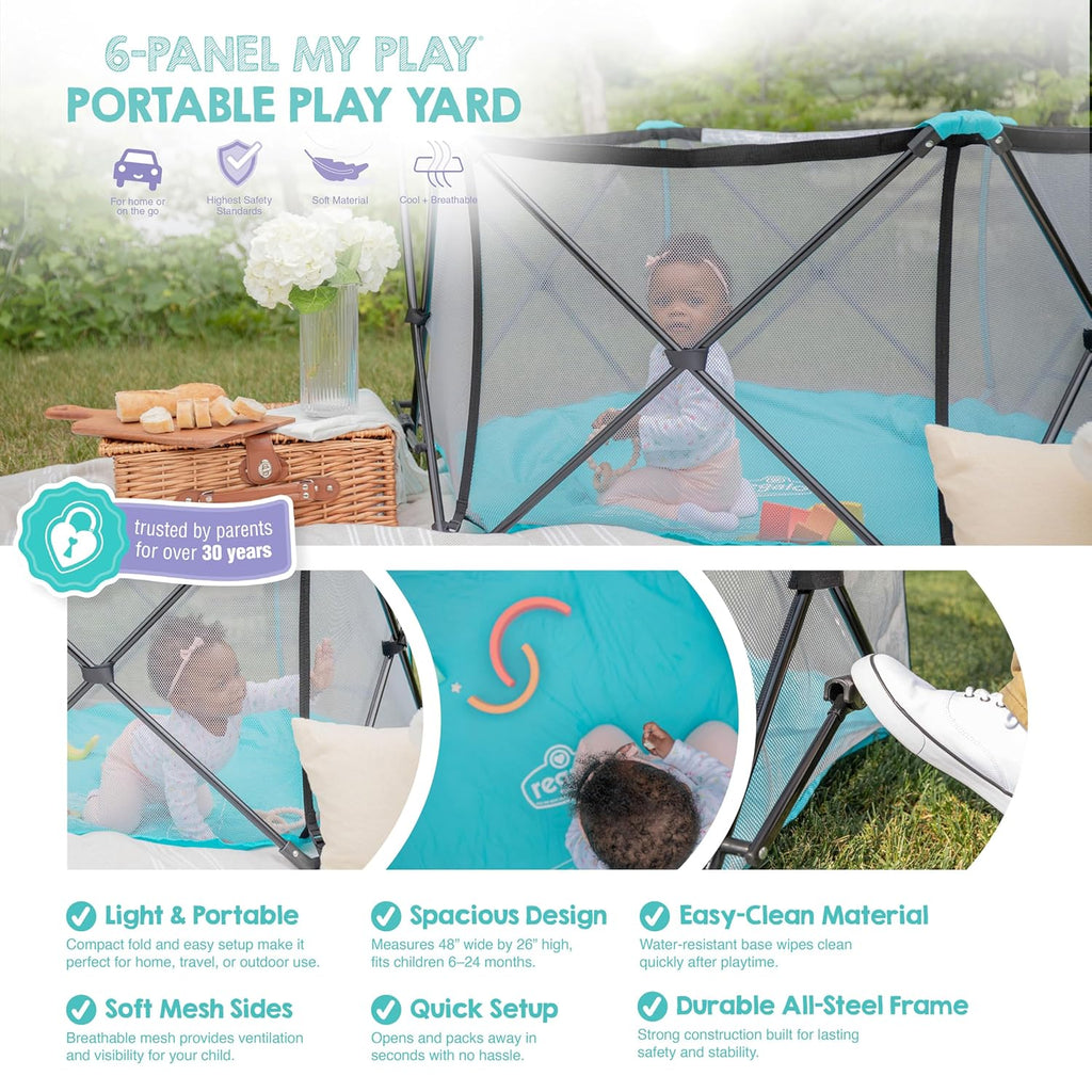 Safety My Play Portable Baby Playpen & Play Yard, Foldable 6-Panel Indoor Outdoor Playpen for Babies & Toddlers, Mesh