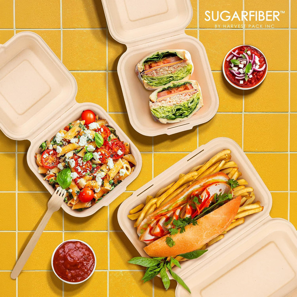 6X6 inch Compostable Nature Square Clamshell Take Out Food Containers togo