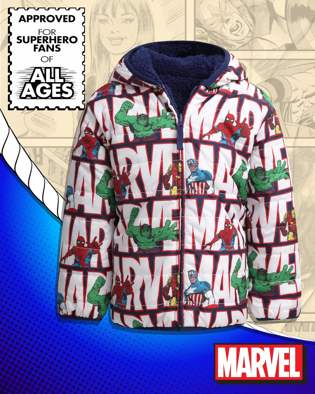 Spider-Man Boys Reversible Puffer Jacket Sherpa Fleece Lined Coat | Officially Licensed, Warm Cozy Two Sided Design