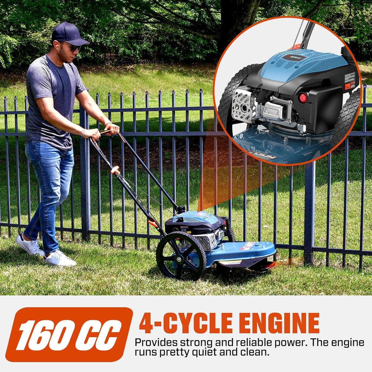 22 Inch Walk Behind String Trimmer, 160cc 4-Cycle Engine Gas Brush Hog Mower with 14" Rubber High Wheels & 5-Height