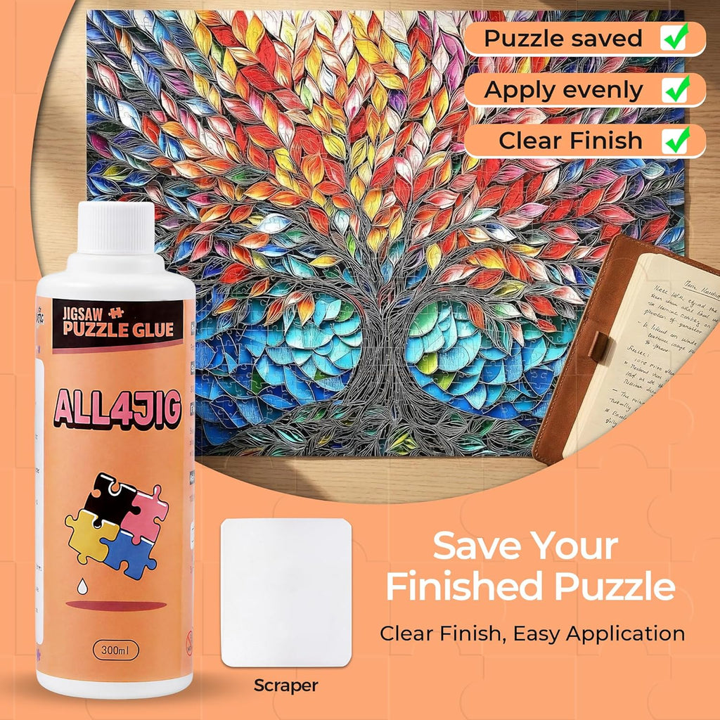 Large Capacity Jigsaw Puzzle Glue Clear Drying 10.1 fl oz(300ml) with Scraper, Puzzle Saver & Sealer for Finished