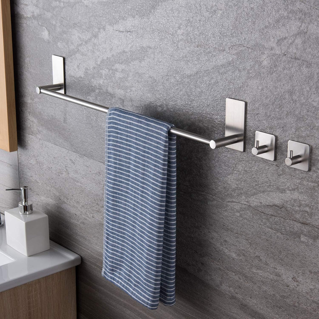 16-Inch Self-Adhesive Towel Bar with 2 Pack Hooks, Stainless Steel | Rustproof, No Drilling, Bathroom Hardware