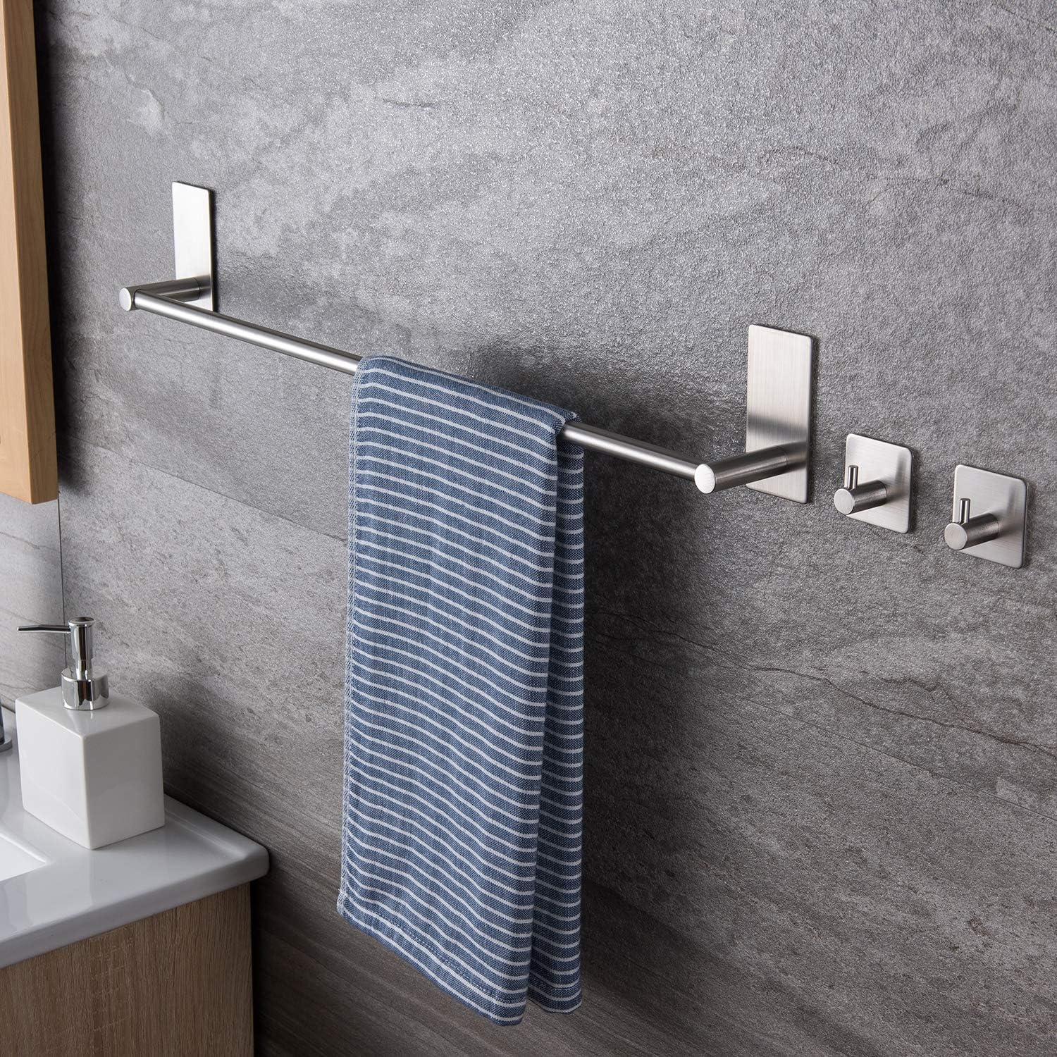 16-Inch Self-Adhesive Towel Bar with 2 Pack Hooks, Stainless Steel | Rustproof, No Drilling, Bathroom Hardware