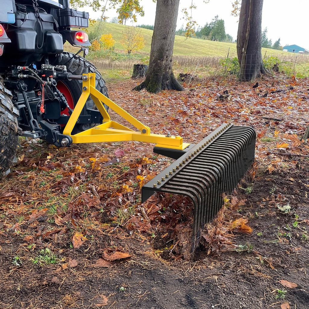 3 Point Landscape Rock Rake for CAT 1, 5 FT Attach Tractor Rake | 32 Heavy Duty Steel Tines, 360 Degree Rotation