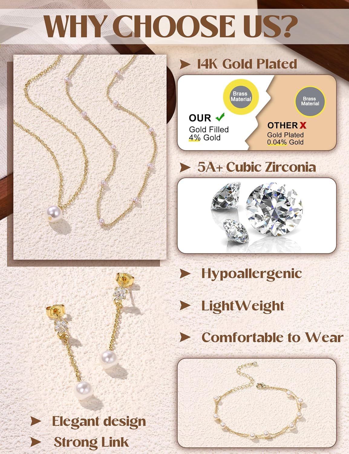 Gold Jewelry Set for Women 14K Gold Plated Layered Pearl Choker Necklace and Drop Earrings Set Adjustable Bracelets