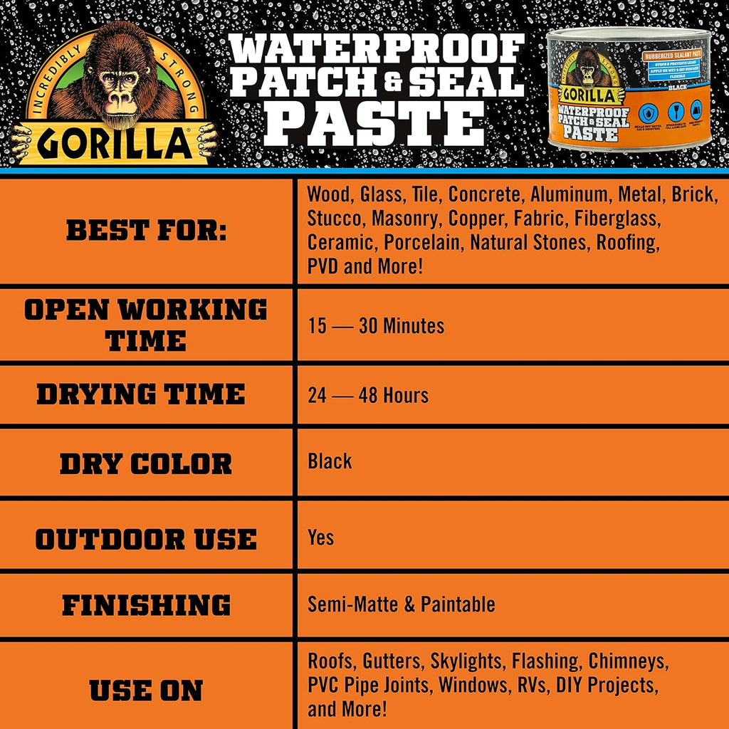 Waterproof Patch & Seal Rubberized Sealant Paste, Black, 1lb Can