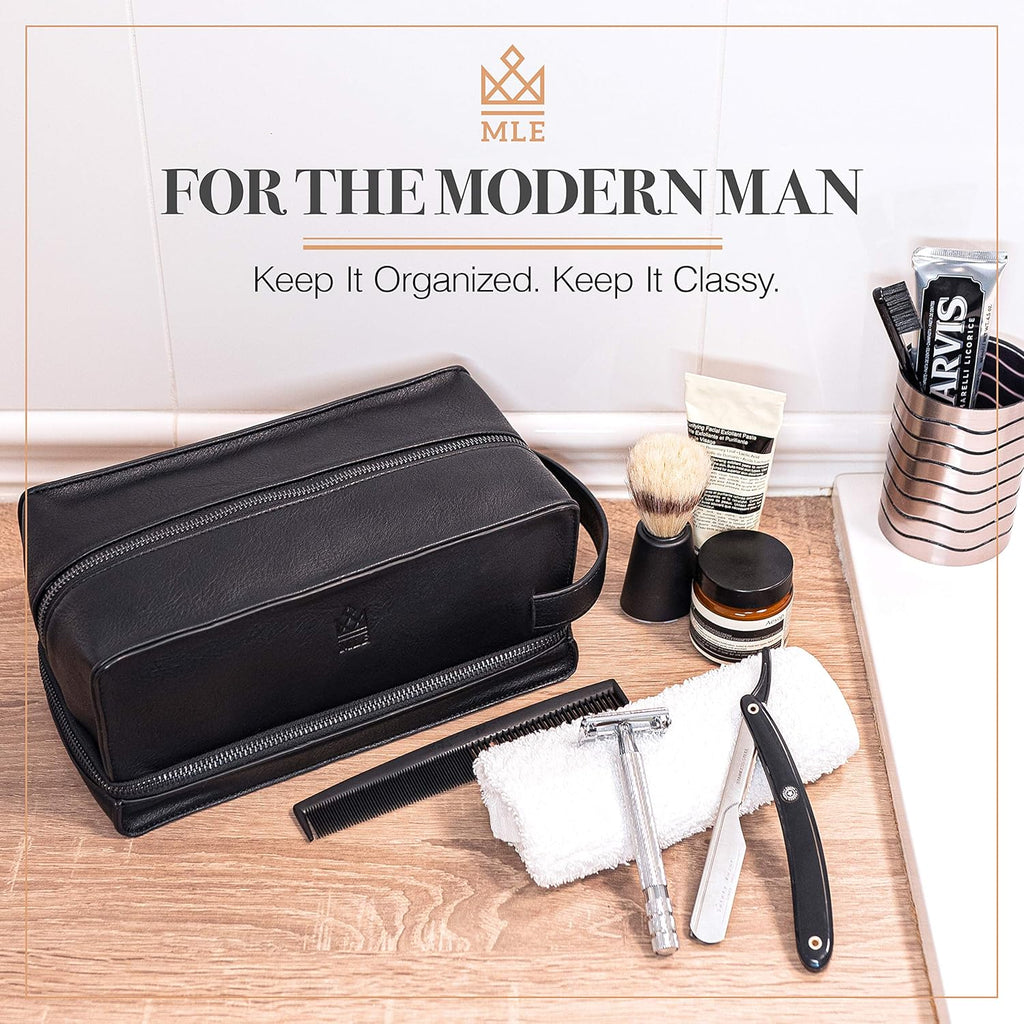 Mens Leather Toiletry Bag – Travel Dopp Kit, Shaving Bag, Grooming & Hygiene Organizer, Leather Toiletry Bag for Men
