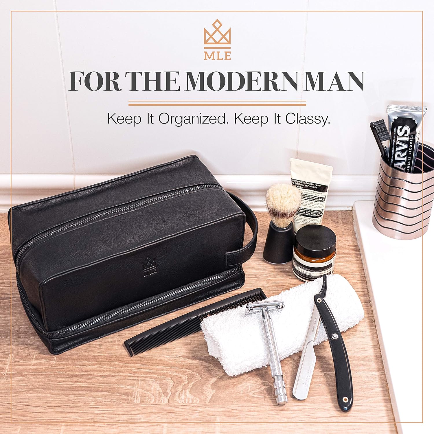 Mens Leather Toiletry Bag – Travel Dopp Kit, Shaving Bag, Grooming & Hygiene Organizer, Leather Toiletry Bag for Men