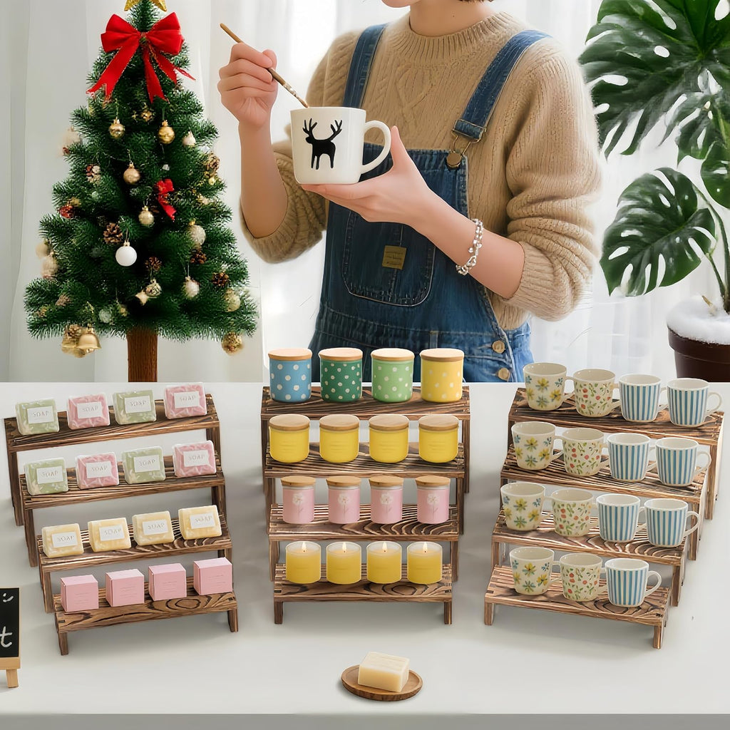 2 Set wood tone Wooden Tiered Display Stands 4 Tier Stackable Pine Wood Display Risers, Suitable for Vendor Events