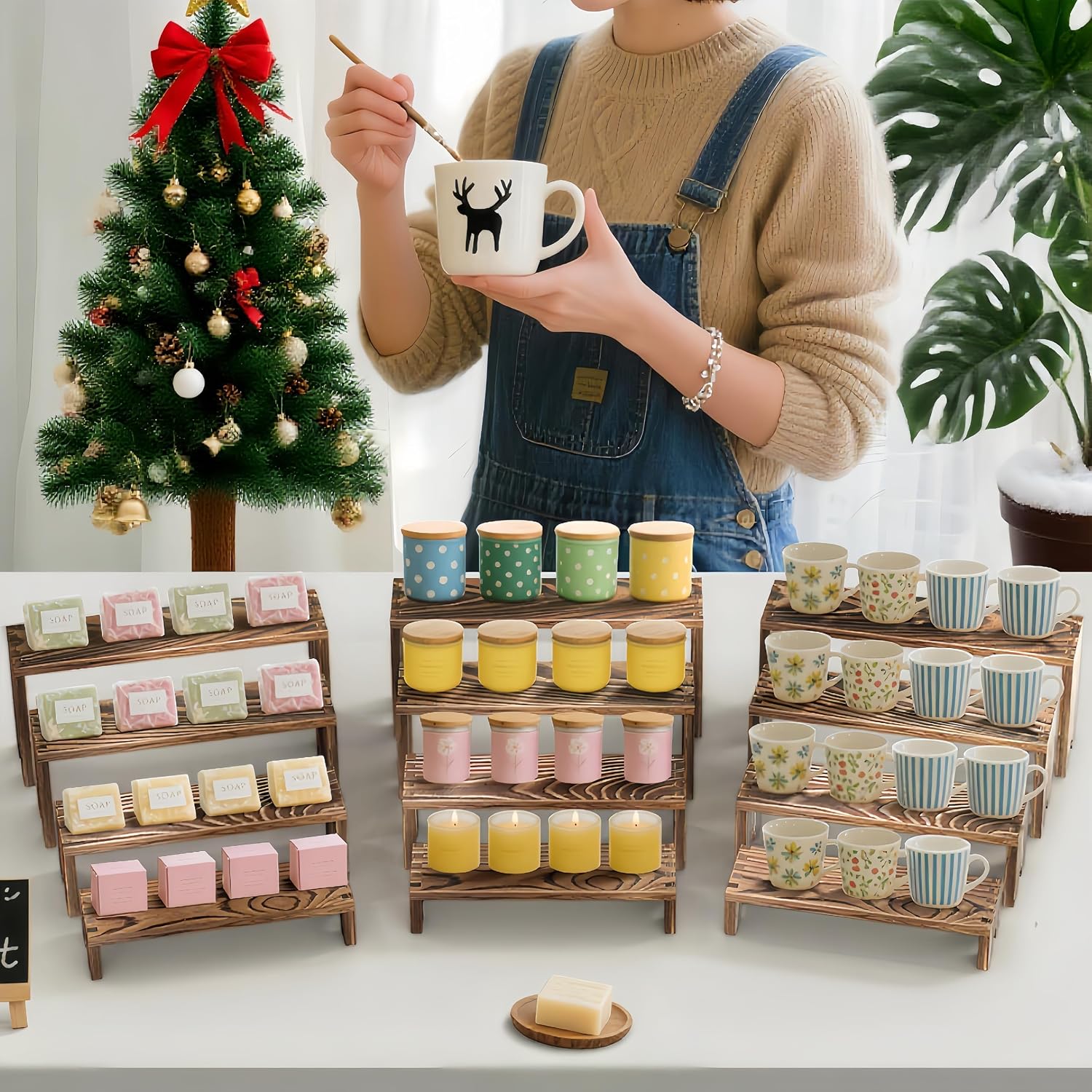 2 Set wood tone Wooden Tiered Display Stands 4 Tier Stackable Pine Wood Display Risers, Suitable for Vendor Events