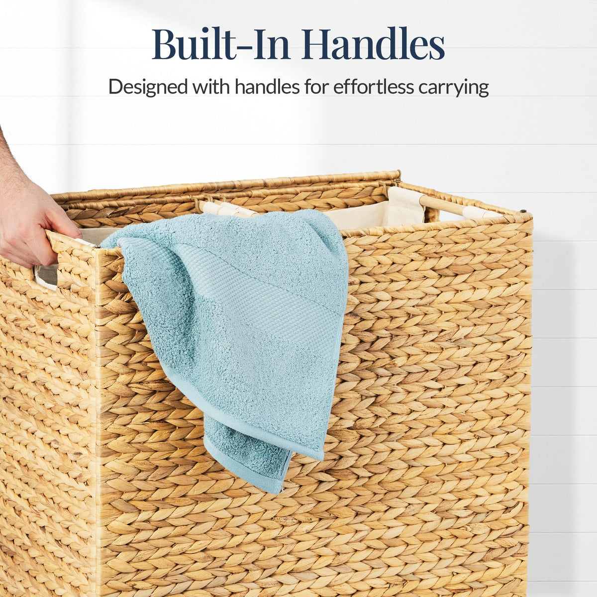 Large Laundry Hamper with Lid, Natural Handwoven Hyacinth Laundry Basket, W/Removeable & Washable Liner Bag