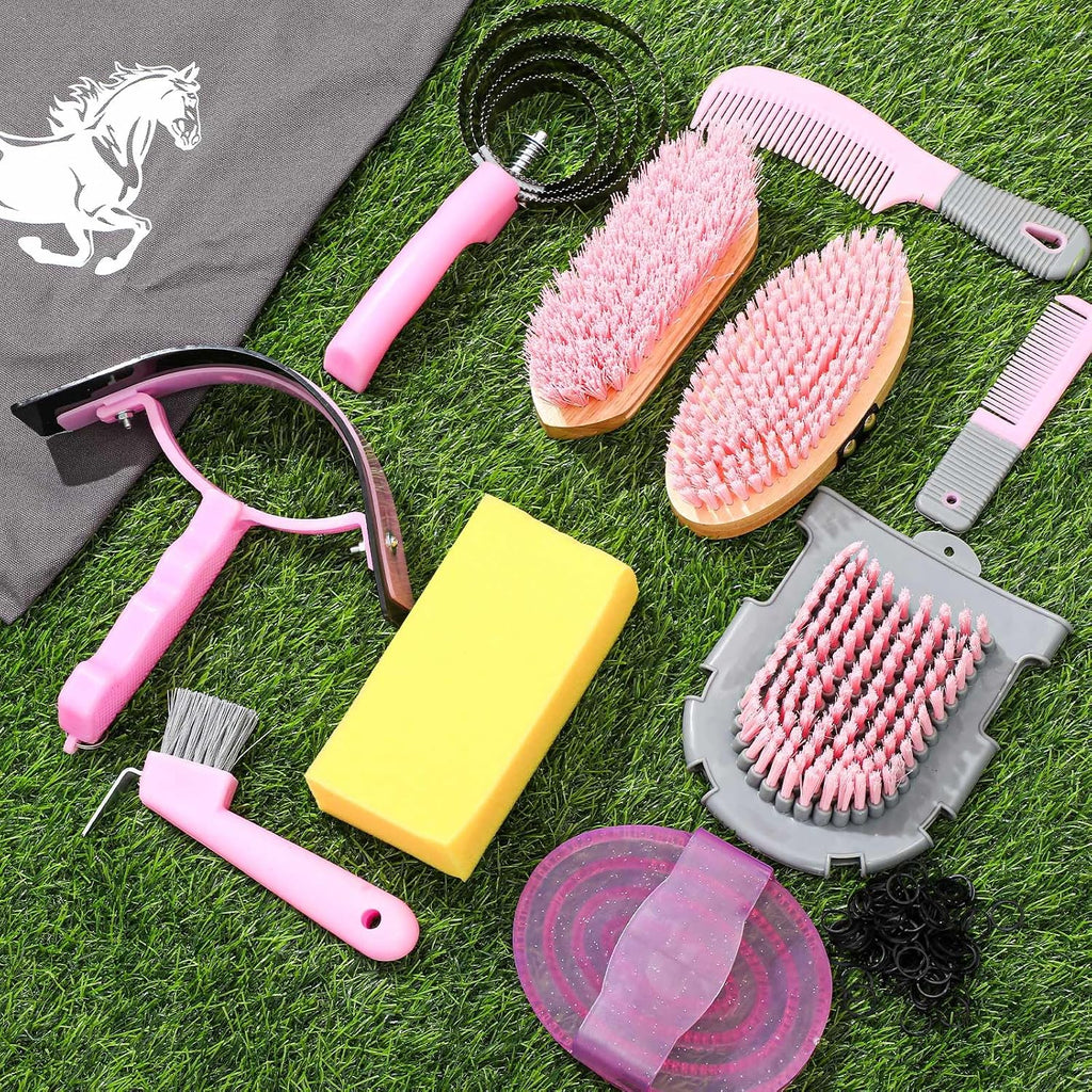 12 Pieces Horse Grooming Kit Equine Care Brushes, Pink and Grey