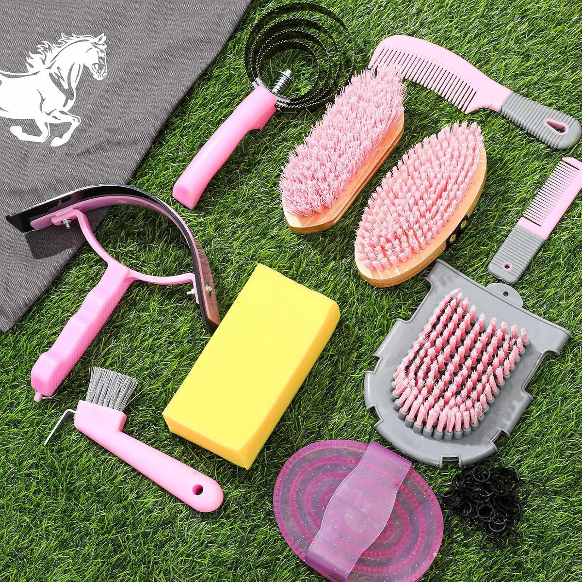 12 Pieces Horse Grooming Kit Equine Care Brushes, Pink and Grey