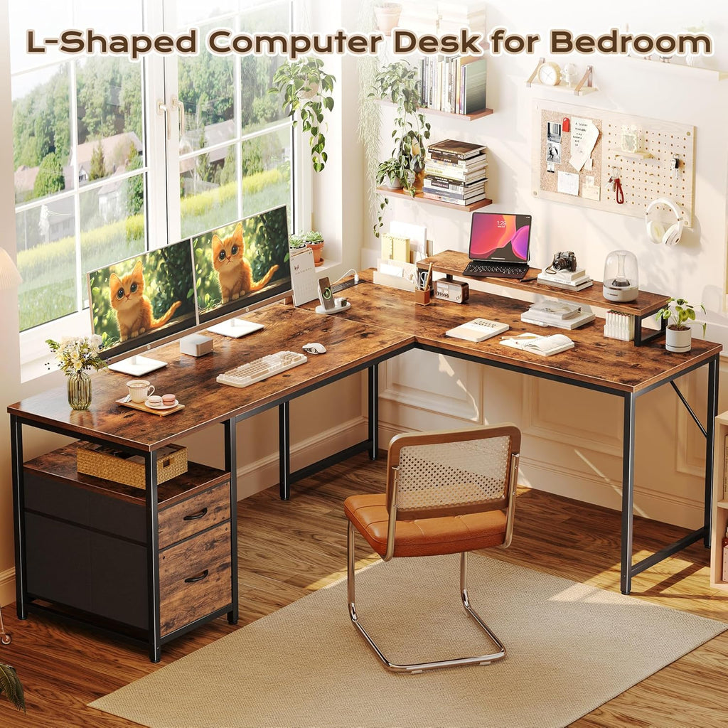 63 Inch L Shaped Desk with Power Outlets and USB-C Port, Computer Corner Home Office Desk with File Fabric Drawers