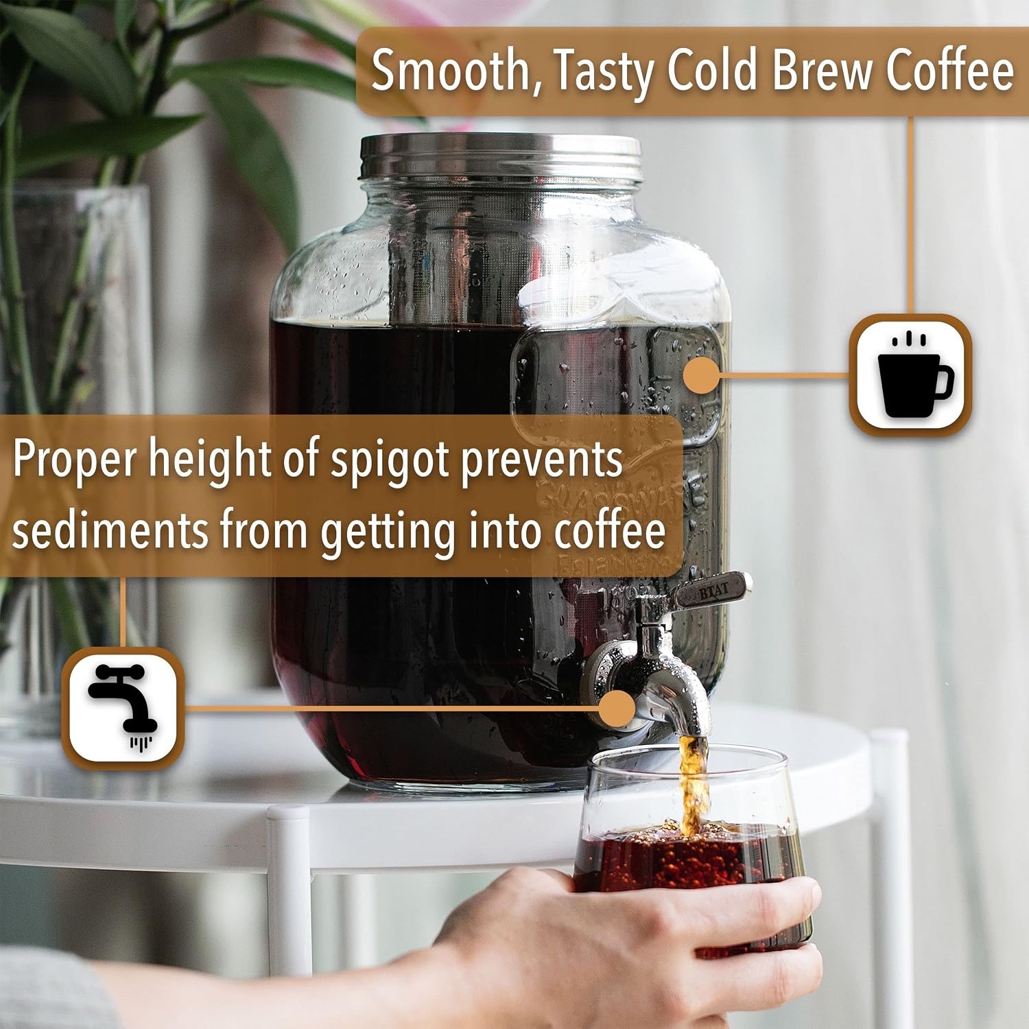 BTaT- 1 Gallon Cold Brew Coffee Maker, Thick Glass Pitcher | Stainless Steel Filter, Lid & Spigot Iced Coffee Sun Tea