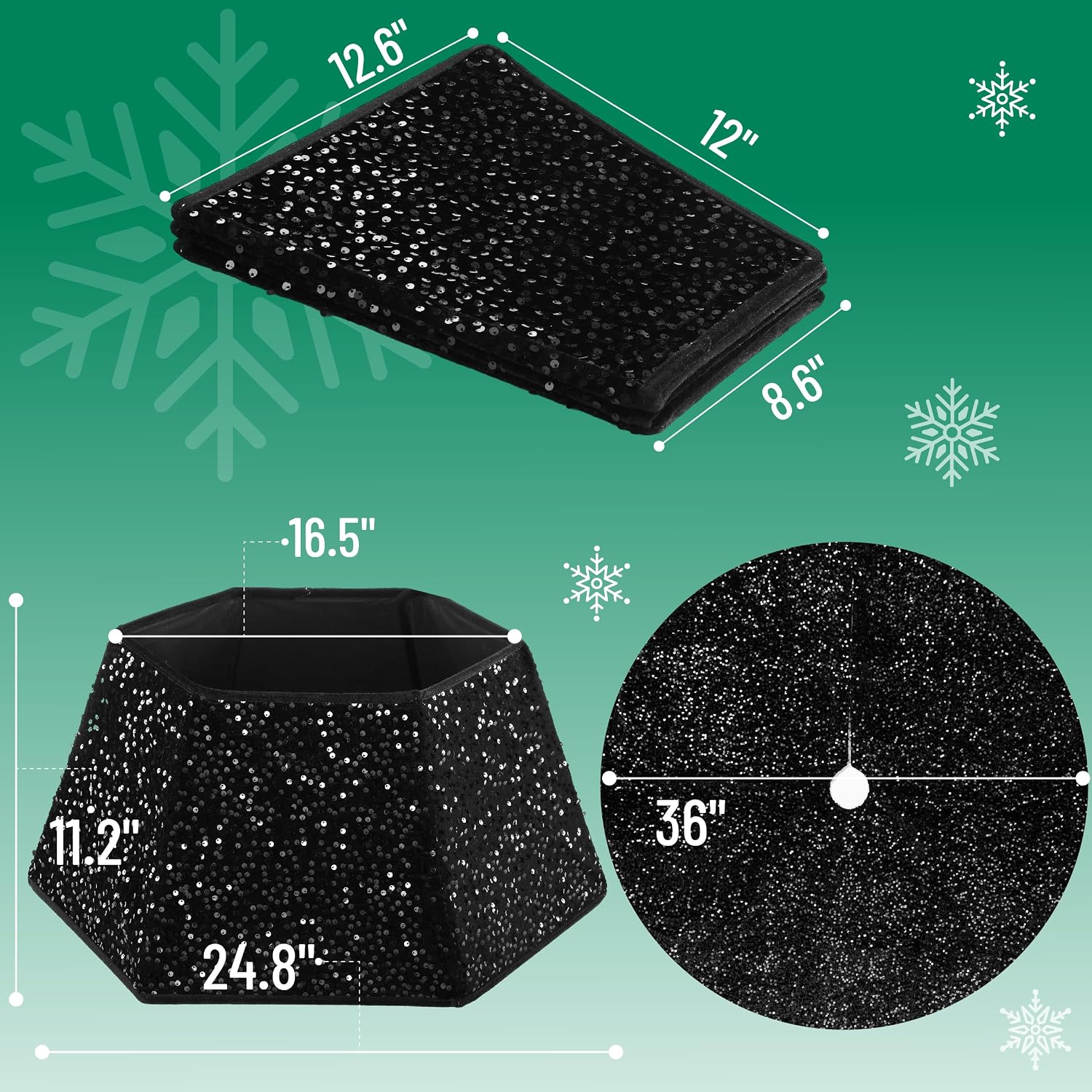 Sequin Christmas Tree Skirt and Tree Collar | 36 Inch Sparkly Base Cover, 24.8 Inch Foldable Sparkling Sequin Trees