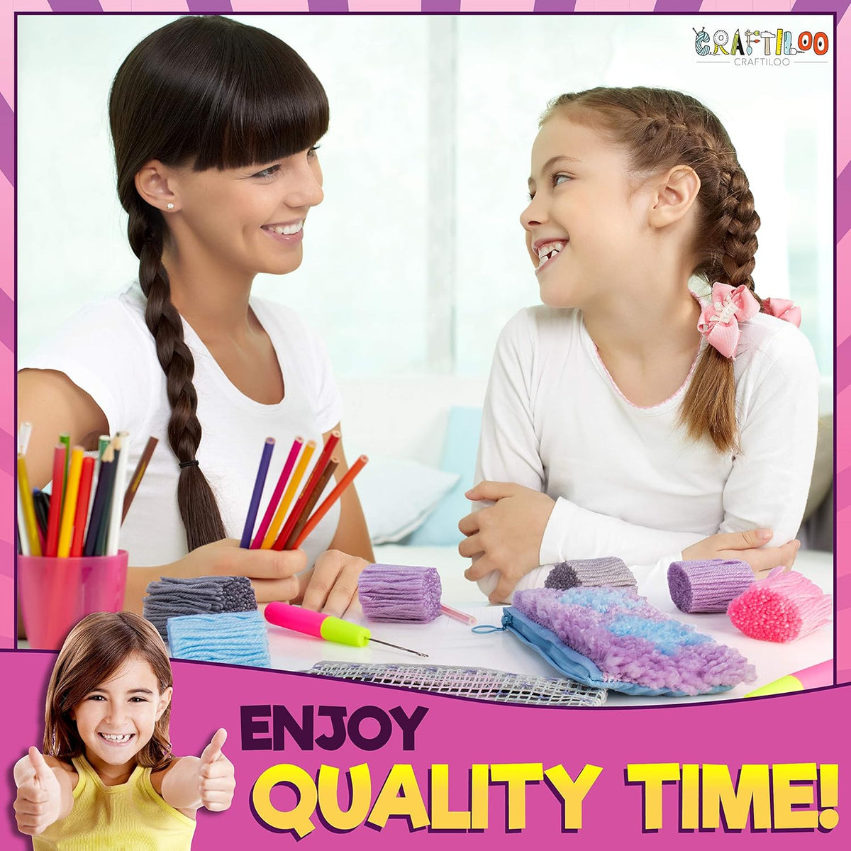 Latch Hook Kit for Kids - 2 DIY Rug Pencil Cases, Beginner Ages 8-12