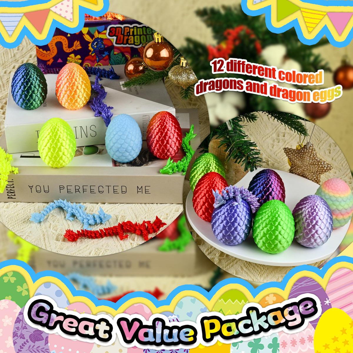 12PCS 3D Dragon Eggs with Dragon Inside, Easter Basket Stuffers Mini Easter Egg Set Articulated Unique Easter Basket
