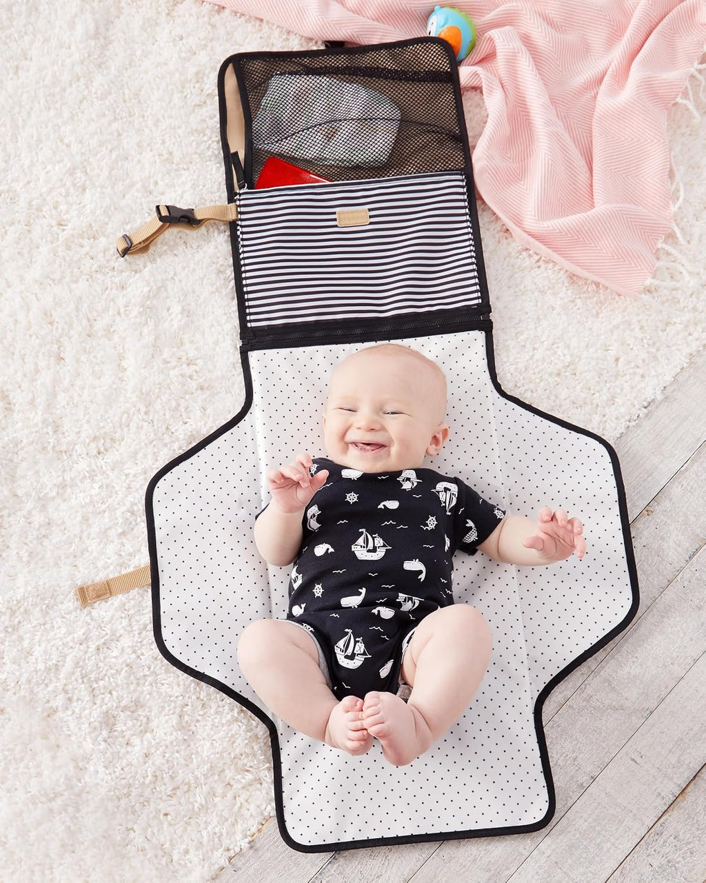 Pronto Signature Portable Changing Mat, Cushioned Diaper Changing Pad with Built-in Pillow, Black Stripe