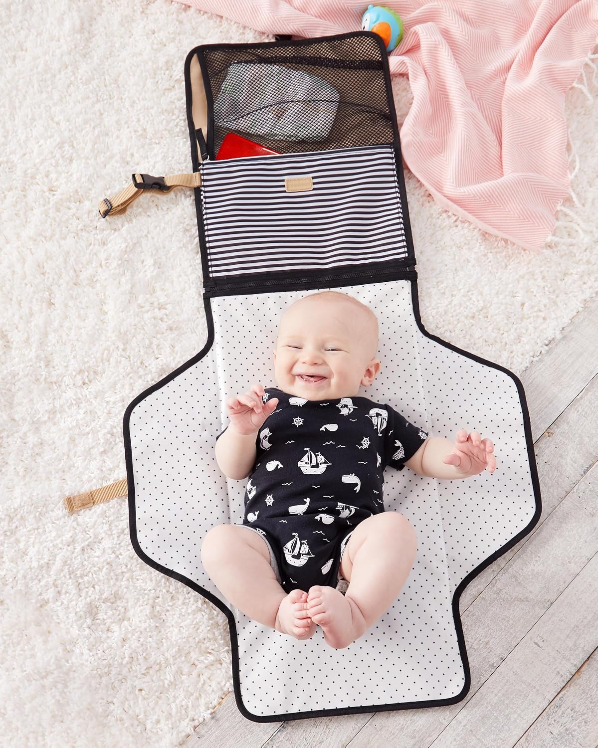 Pronto Signature Portable Changing Mat, Cushioned Diaper Changing Pad with Built-in Pillow, Black Stripe
