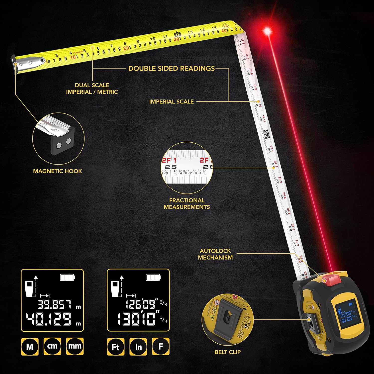 2 in 1 Digital Laser Tape Measure | 130ft/40m Laser Distance Meter Display On Backlit LCD Screen with 16ft/5m