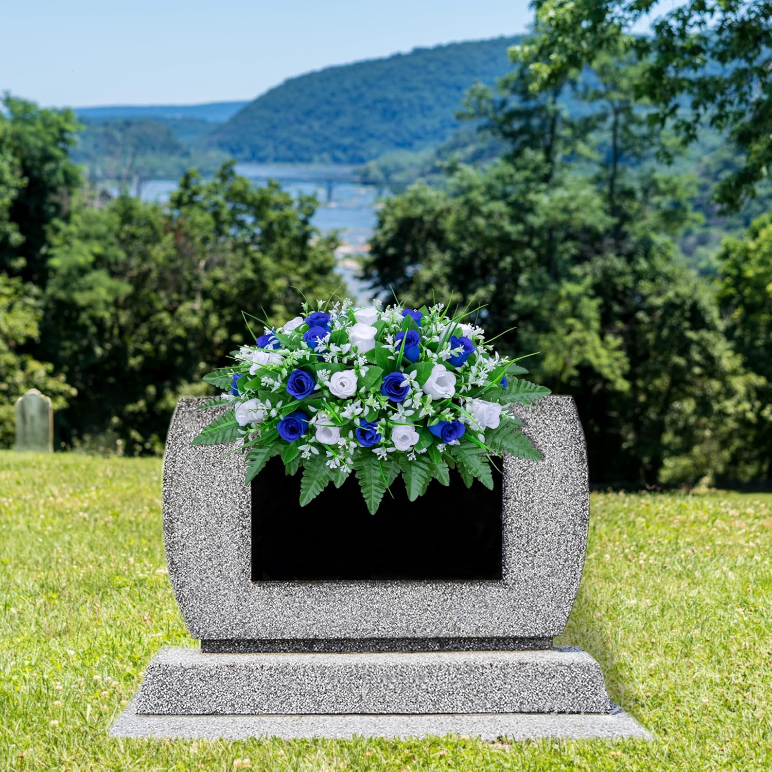 Artificial Cemetery Flowers Saddle-Shaped Tombstone Decorations Non-Fading UV-Resistant（Blue+White Saddle ）