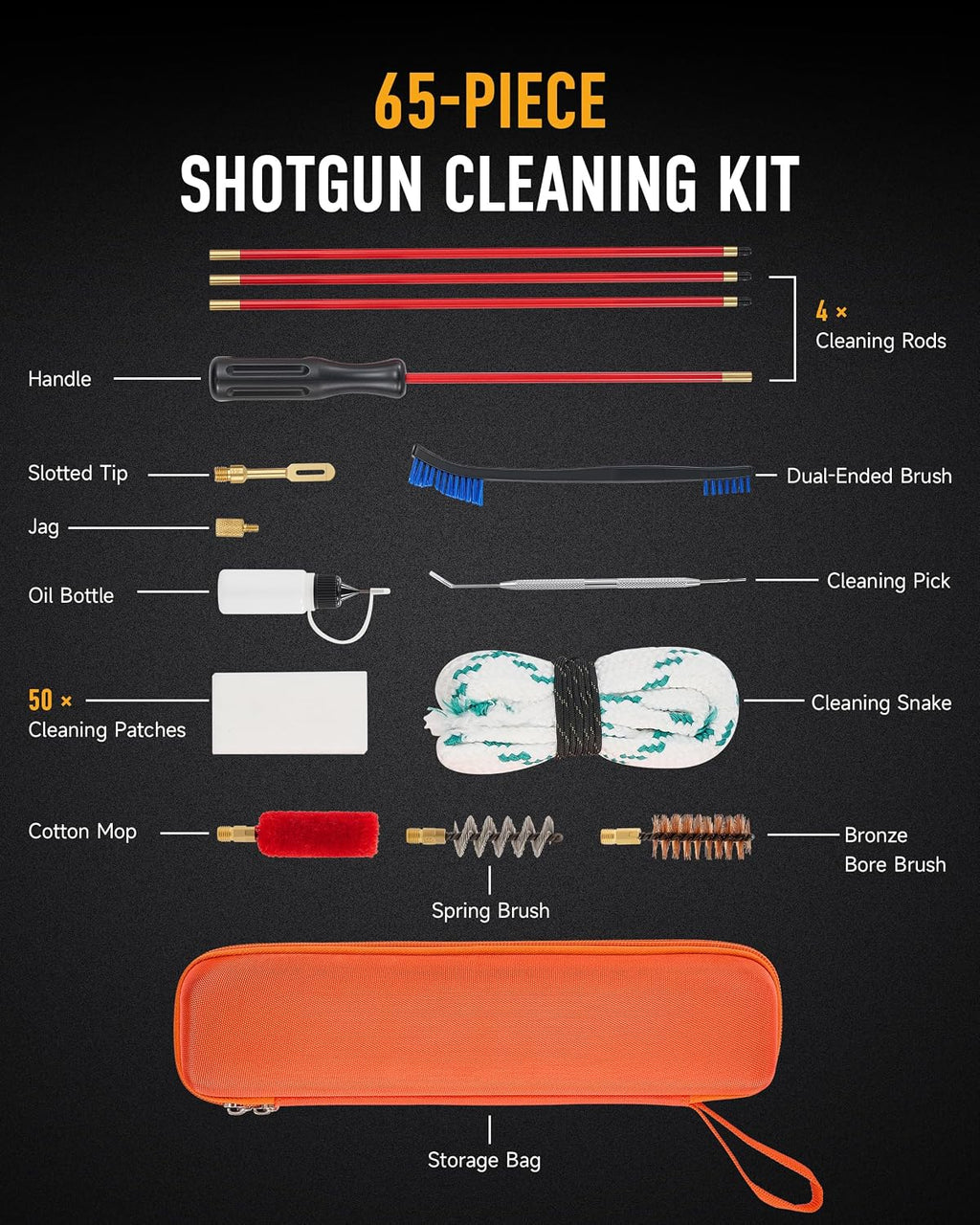 12ga Shotgun Cleaning Brush Kit, 12 Gauge Gun Maintenance Tool Set, Available in 4 Piece or 65 Piece Sets with