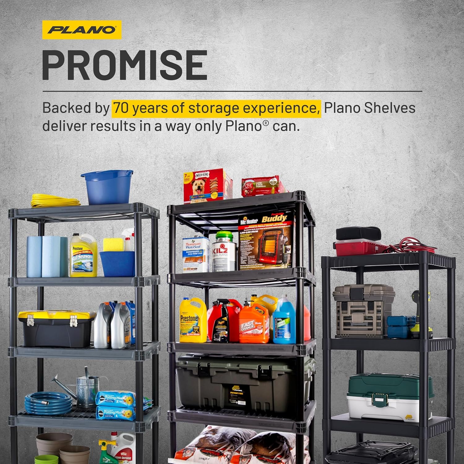 4-Shelf Plastic Storage Shelves, 48” x 23” x 14”, 200lb Capacity, Pantry, Office, Closet and Garage Shelves, Easy to