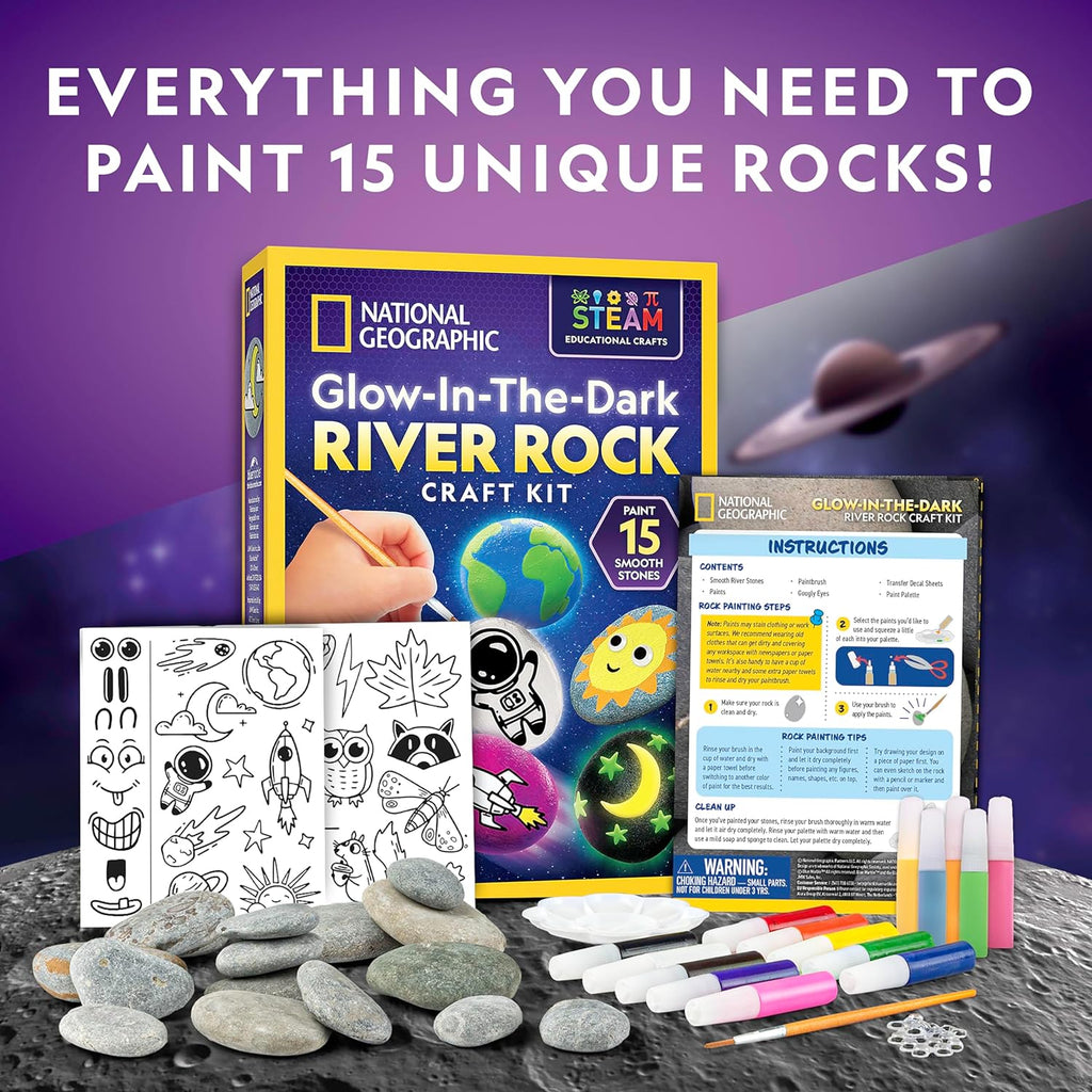 National Geographic Glow-in-the-Dark Rock Painting Craft Kit for Kids | 15 River Rocks, 15 Paint Colors, Glow Paints