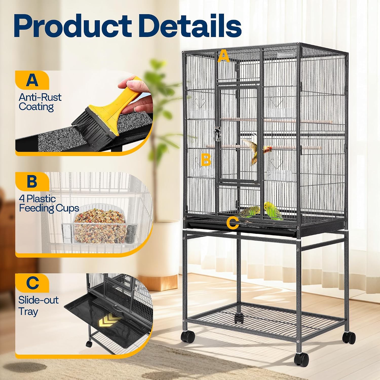 54 Inch Wrought Iron Large Bird Cage with Rolling Stand | Bird Flight Cage with Stand, Casters, Slide-out Tray for