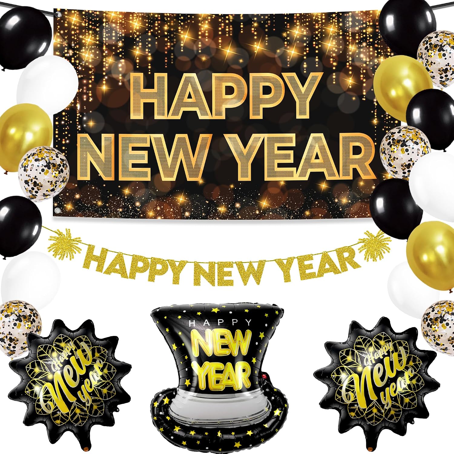 New Years Eve Party Supplies 2026, Pack of 37 | Happy New Year Banner, New Years Balloons for Black and Gold Happy