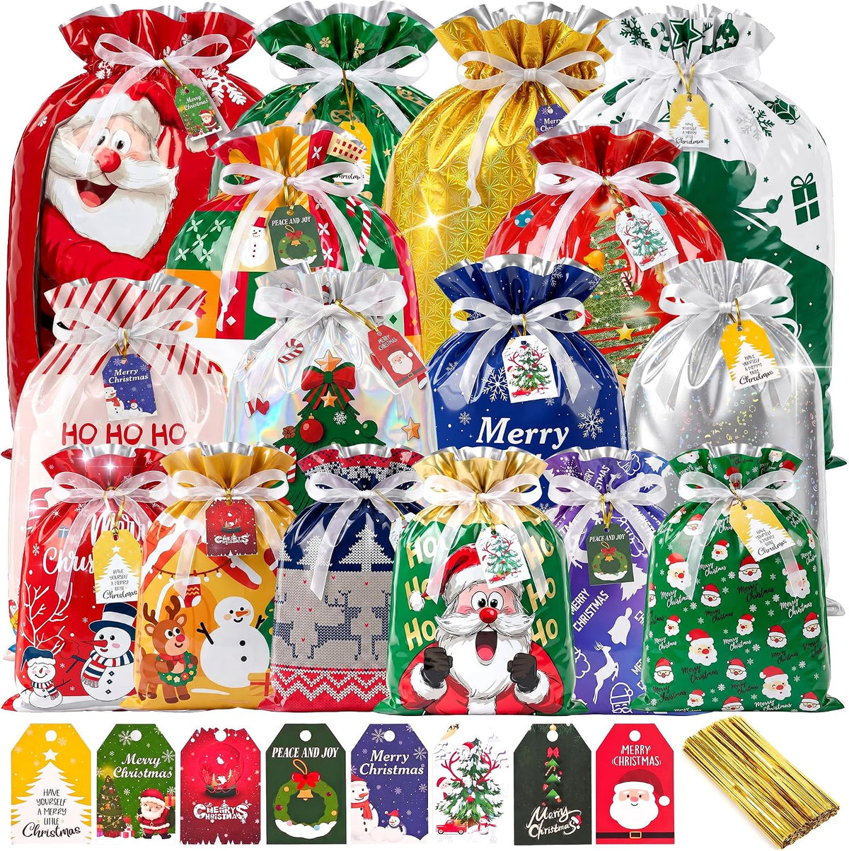 40PCS Christmas Drawstring Gift Bags, 5 Size Large Medium Small