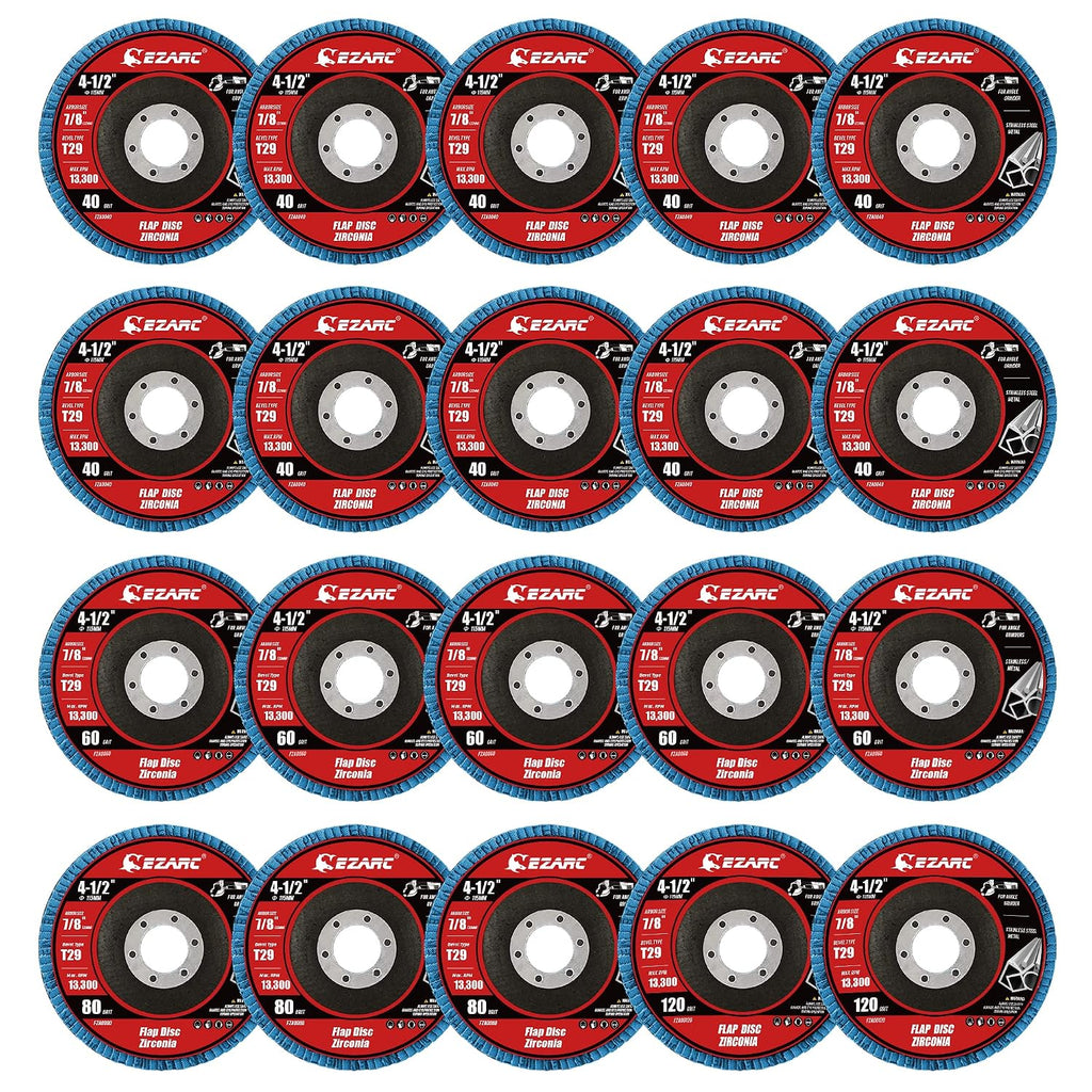 EZARC Zirconia Flap Discs 40/60/80/120 Grit, 4-1/2 x 7/8, Type 29, 20-Pack