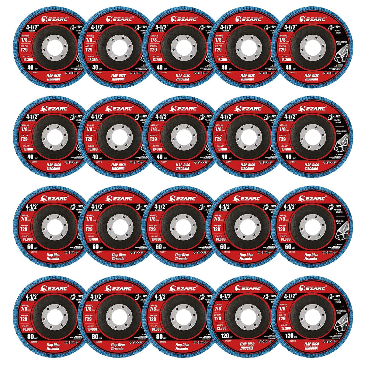 EZARC Zirconia Flap Discs 40/60/80/120 Grit, 4-1/2 x 7/8, Type 29, 20-Pack