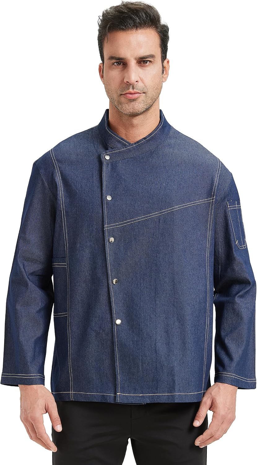 Chef Coat Men's Denim Chef Jacket for Restaurant Kitchen Cooking