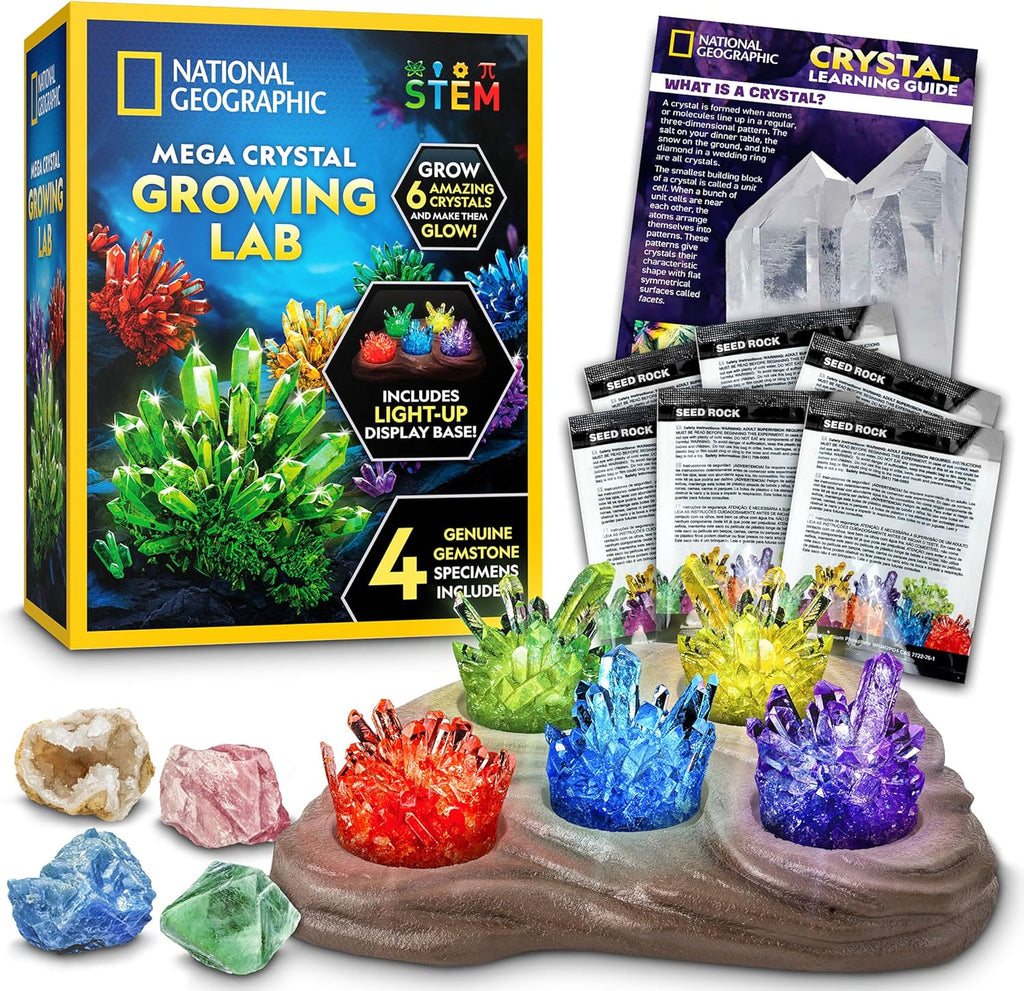 National Geographic Mega Crystal Growing Kit with 6 Crystals for Kids 8-12 | Glow-in-the-Dark Crystal, Light-Up Night