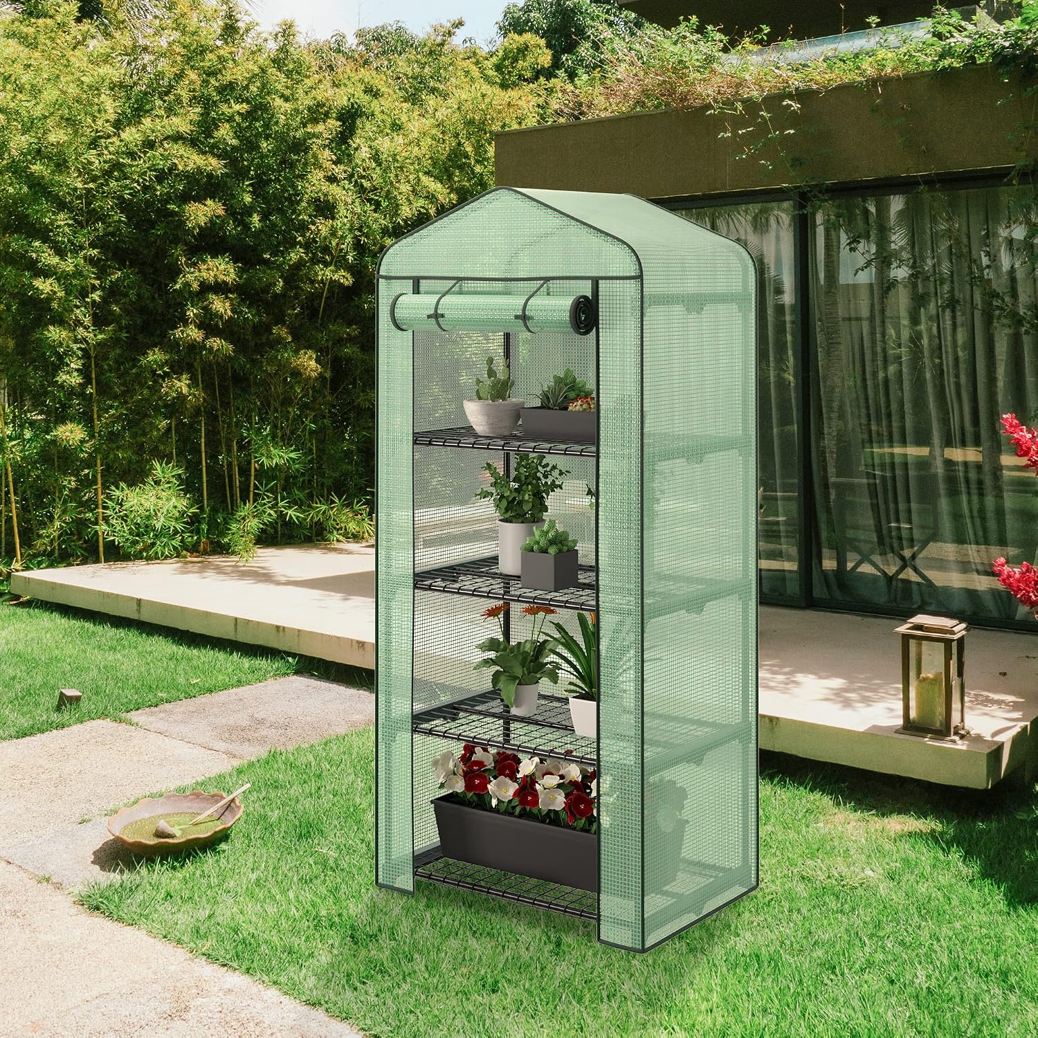 4 Tier Mini Greenhouse Indoor Outdoor with PE Cover and Roll-Up Zipper Door, Portable Waterproof Cloth Greenhouse