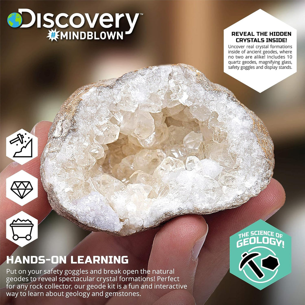 Mystery Crystal Geode Kit – Crack Open 10 Real Quartz Geodes| Includes Goggles, Magnifying Glass & Display Stands|