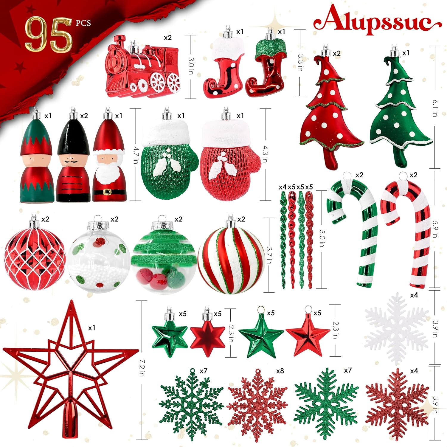 95pcs Christmas Balls Ornaments Set, Shatterproof Plastic Baubles, Soldiers, Christmas Socks for Xmas Tree Holiday