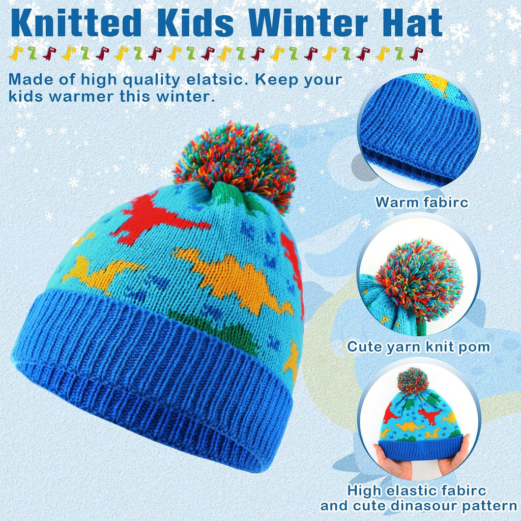 Kids Winter Hat Gloves Scarf Set Dinosaur Children Hat Beanie with Pom Winter Knit Neck Mittens for Boys Toddlers