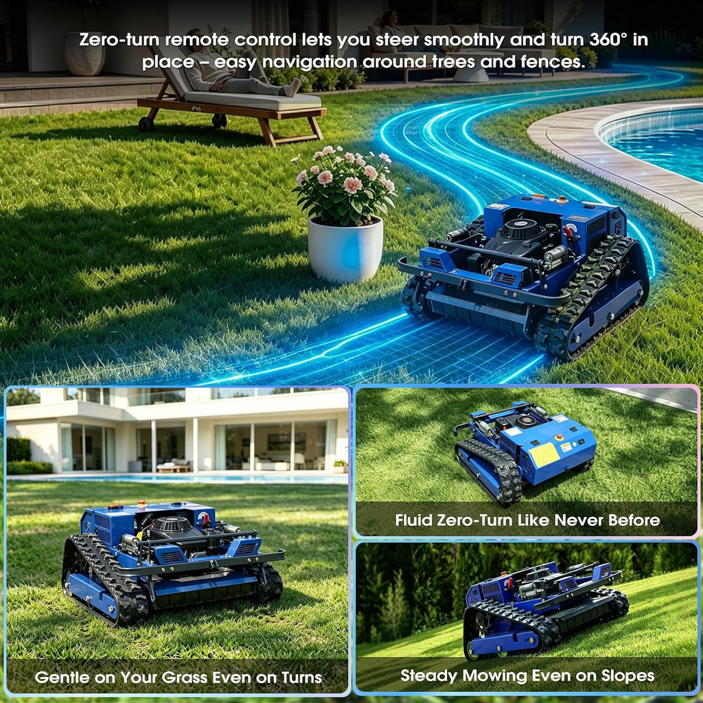 Remote Control Brush Mower – 9HP Gas, 21.7" Cut, 45° Slope, Auto-Retract Blades, 1600W Brushless Drive – for Dense